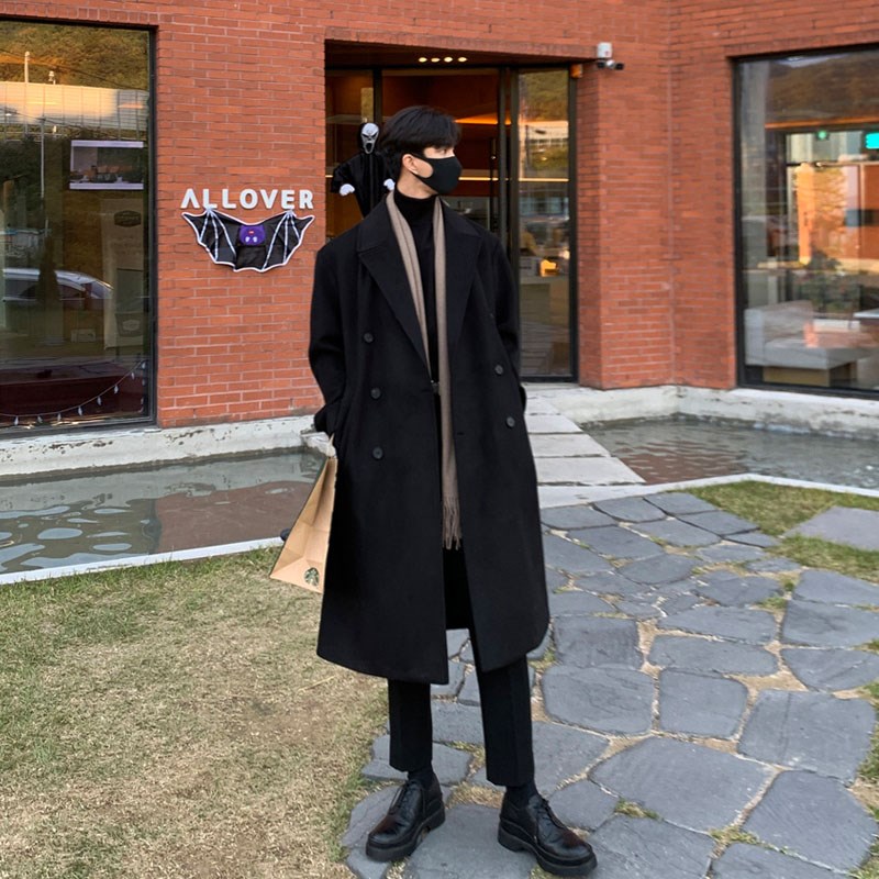 冬季毛呢大衣男加厚中长款过膝韩版潮流英伦风宽松羊绒风衣外套男