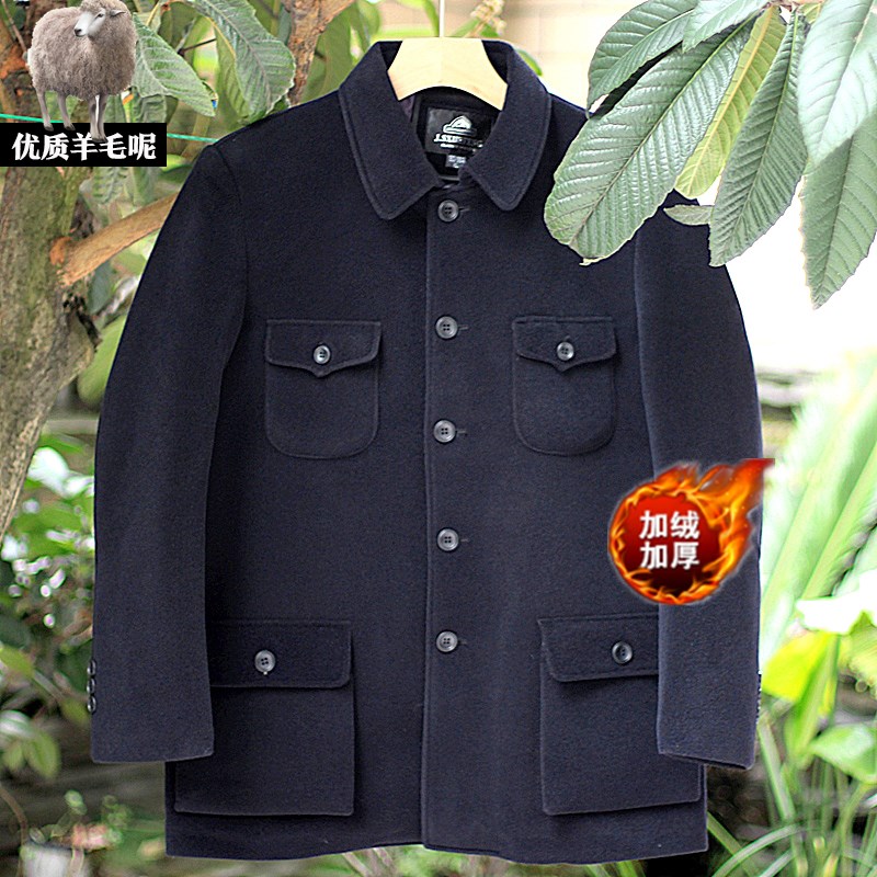 精品!冬季中山服老式中山装男士老年人羊毛呢大衣爷爷装加绒加厚