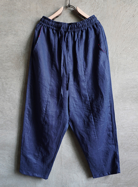 夏季亚麻宽松休闲阔腿男九分裤薄款宽腿裤潮流复古棉麻掉档哈伦裤