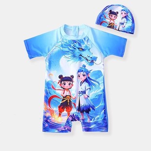 冲浪潜水服 防晒男孩速干连体泳装 男童泳衣夏新款 儿童卡通哪吒短袖
