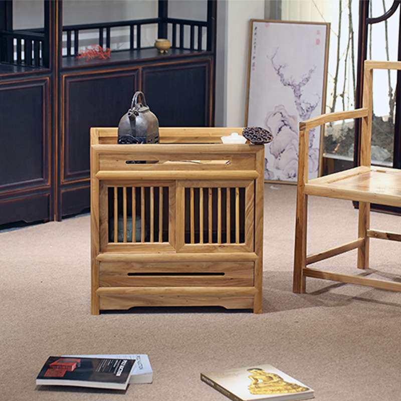老榆木禅意新中式茶水柜实木茶室客厅家具茶边柜矮柜茶水台餐边柜