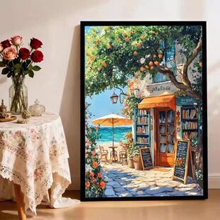 砂岩油画宫崎骏的夏天海边书店系装饰画客厅挂画80120