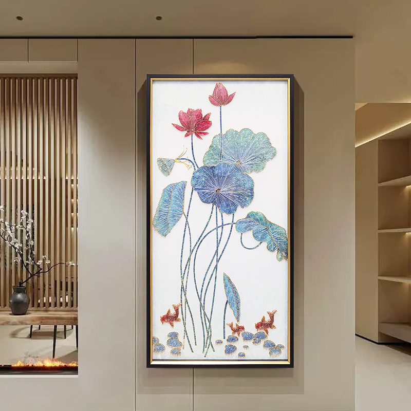 实物手工立体编织 钢化玻璃装饰画中式玄关走廊过道挂画荷花80160图片