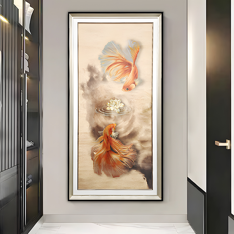新中式高端刺绣立体实物 中式玄关装饰画 钢化玻璃装裱挂画锦鲤18图片