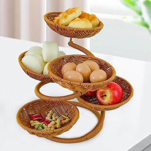 跨境热销迎客松形状藤编收纳多层次果盘加粗钢管支架可拆卸果盘