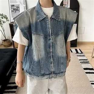 设计感高级垫肩牛仔马甲背心男未来感上衣高街复古潮牌砍袖 夹克夏