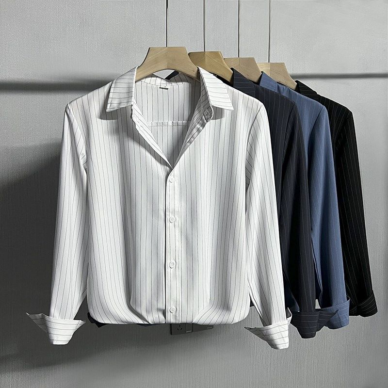 翻领条纹西装上衣长袖衬衫男胖子蓝衬衣外套男冰丝正装秋季白衬衣,男装,衬衫,淘宝优惠券,粉丝福利购,淘宝优惠卷