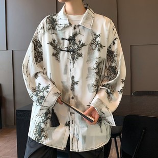 中国风衬衫男短袖夏季潮牌棉感上衣服渐变色外套新中式盘口衬衣男