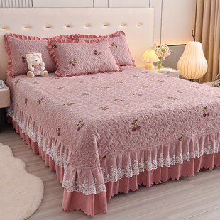 2024新款牛奶绒夹棉床盖三件套秋冬高端韩版花边加厚加绒床单A类