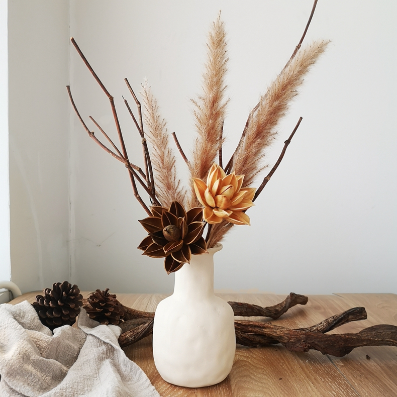 日式复古禅意客厅桌面木莲花干花束摆件茶室餐桌家居软装插花饰品