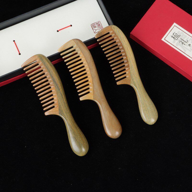 绿檀木梳子球柄鼓柄玉檀香3-A1拼接齿细齿圆柄细齿檀木梳