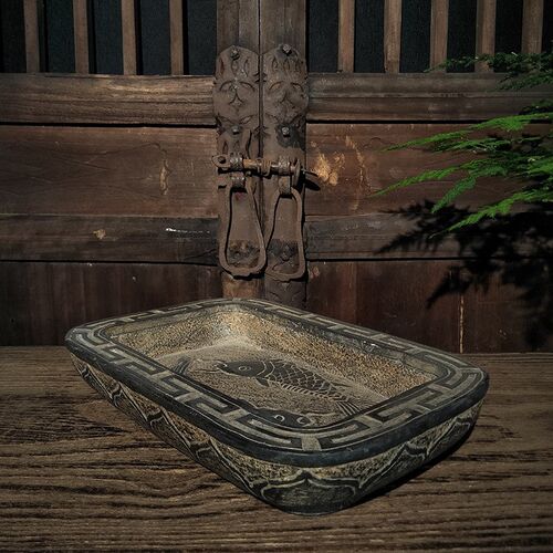 仿古石雕山西青石莲花浅鱼石盆花盆鱼盆中式复古陈设摆设