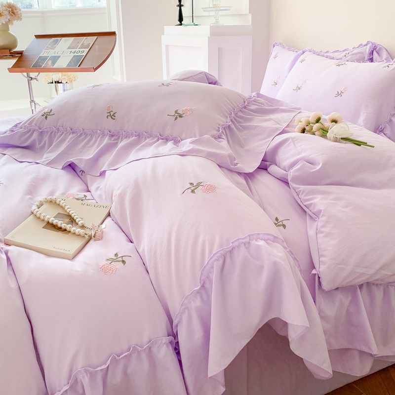 紫色为贵~玫瑰少女心床品水洗棉荷叶花边四件套网红床单床笠被套,床上用品,床品套件/四件套/多件套,淘宝优惠券,粉丝福利购,淘宝优惠卷