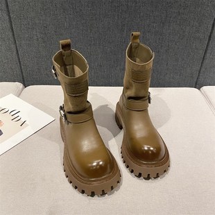 12真皮复古擦色西部短靴女2024年秋季 青年炸街厚底增高机车靴 新款