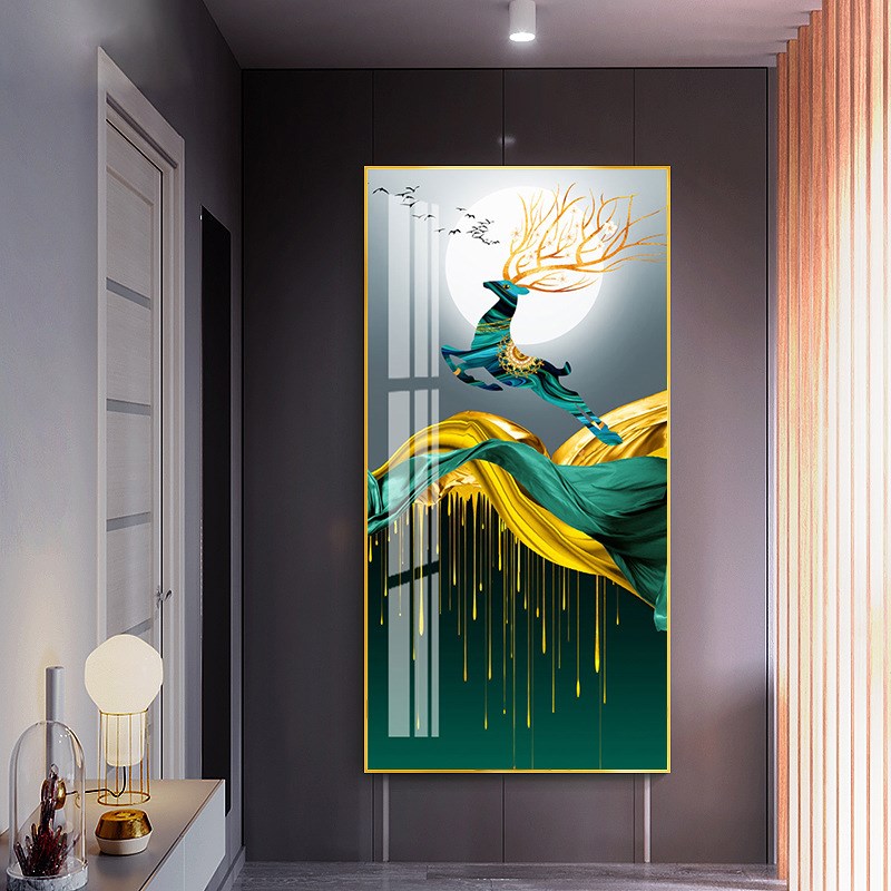 晶瓷画入户玄关装饰画竖版进门走廊过道壁画客厅轻奢挂画现代麋鹿