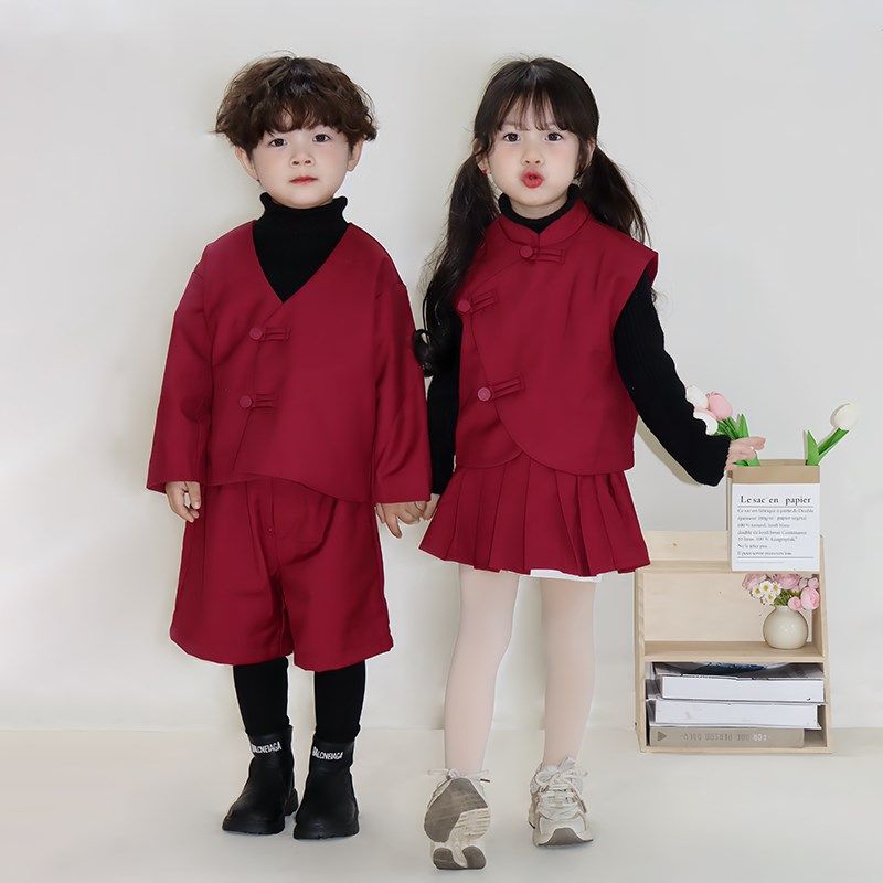 儿童西服红色外套秋冬男童女童新中式生日礼服周岁宝宝西装套装冬