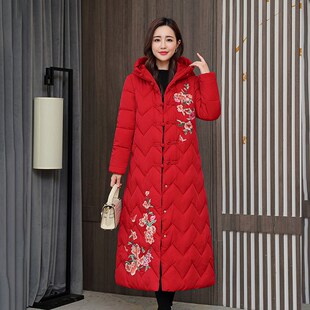 复古民族风盘扣刺绣羽绒棉衣女中长款妈妈棉袄过膝棉服中国风外套