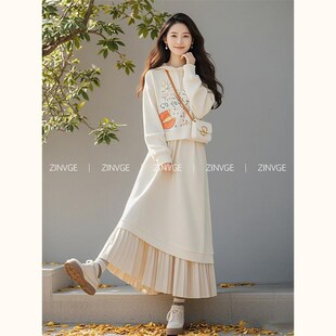 韩系搭配一整套早春装休闲运动白色卫衣两件套装裙女款2025年新款