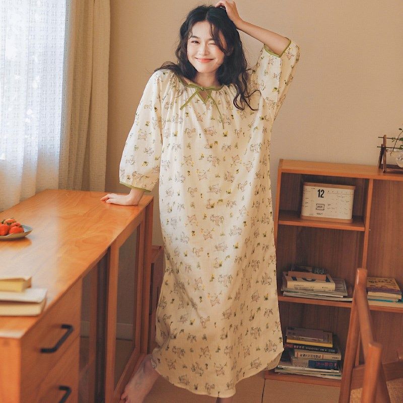 韩版睡裙女春夏天纯棉纱布睡衣可爱少女七分袖过膝长款家居服裙子,女士内衣/男士内衣/家居服,睡裙,淘宝优惠券,粉丝福利购,淘宝优惠卷