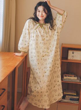 韩版睡裙女春夏天纯棉纱布睡衣可爱少女七分袖过膝长款家居服裙子