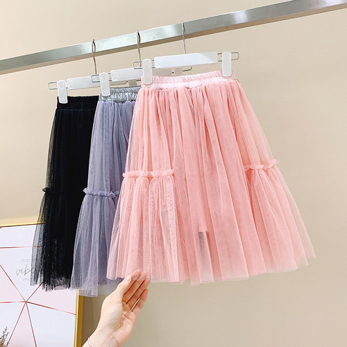 女童时尚花边长裙春夏儿童网纱裙半身裙粉色韩版洋派中长版小裙子