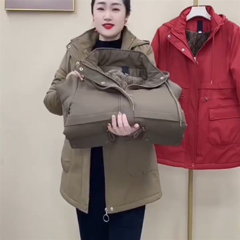 2024冬新款中老年妈妈装连帽外套女中长款加绒加厚小个子风衣棉服
