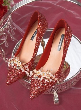 法式主婚鞋禾秀婚纱两穿新娘鞋冬季女红色水晶高跟公主结婚伴娘鞋