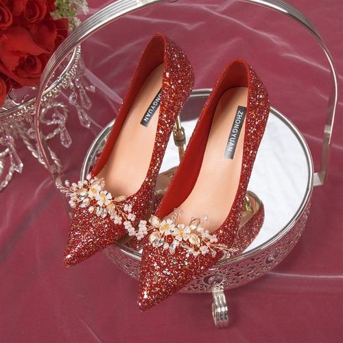 法式主婚鞋禾秀婚纱两穿新娘鞋冬季女红色水晶高跟公主结婚伴娘鞋