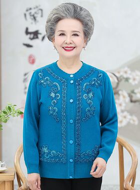 老年人毛衣女妈妈装春秋上衣长袖60岁老人针织开衫奶奶装秋冬外套
