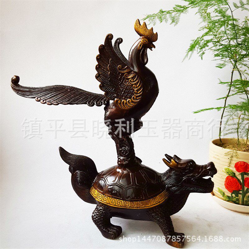 古玩铜器铜金鸡踏龙龟鳌头摆件家居装饰金属工艺品