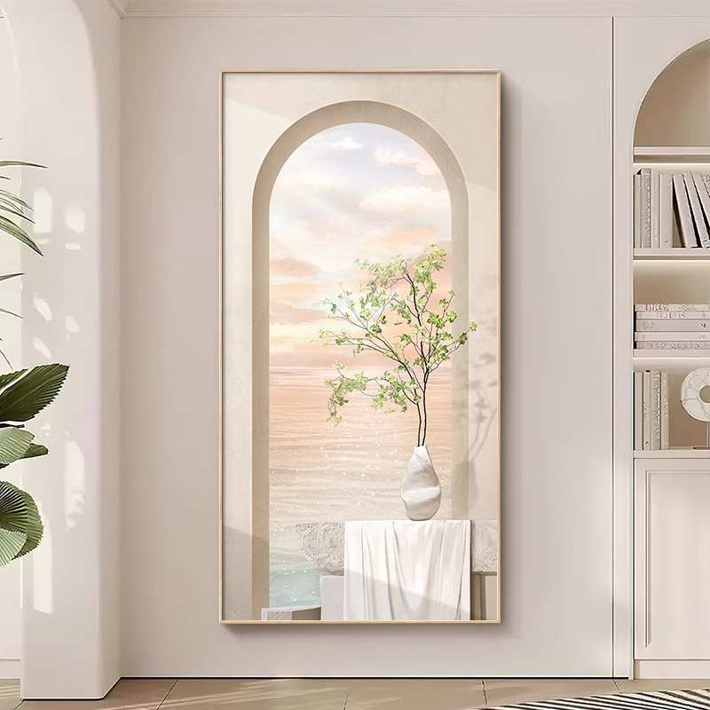 奶油风玄关装饰画海景日出绿植花卉壁画北欧竖版高档走廊过道挂画