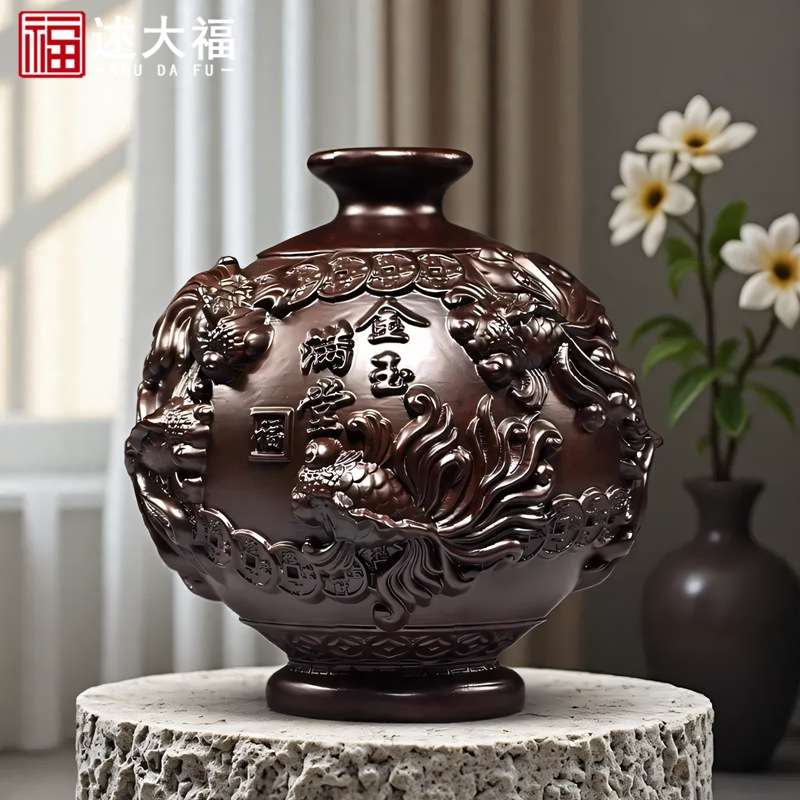 黑檀木雕金玉满堂花瓶摆件年年有鱼客厅插花装饰家居实木质工艺品