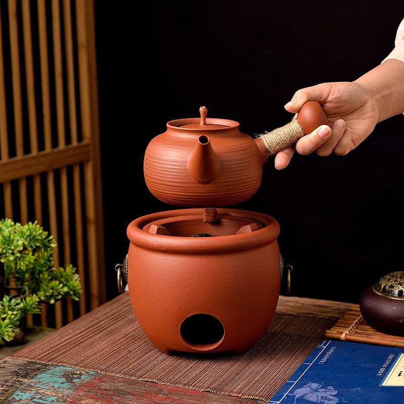 中式耐热潮汕红泥炭炉砂铫壶薄胎煮茶煤碳炉紫砂烧水朱泥壶可跳盖
