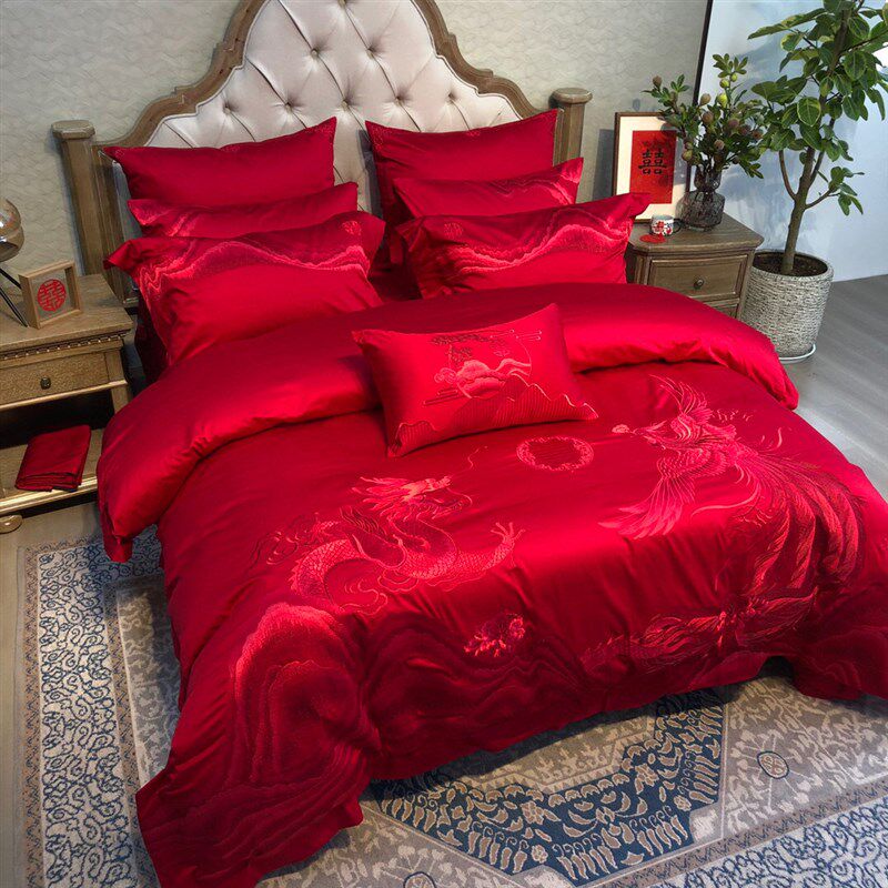 婚庆四件套大红色新婚床十件套龙凤刺绣婚被结婚床上用品
