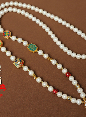 中国风新中d式沙金醒狮珍珠贝佛牌链金锁珐琅彩鎏金瑞兽复古唐卡