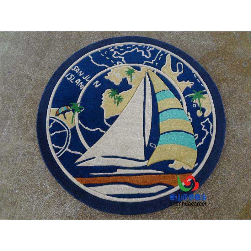 现代简约蓝色海洋帆船圆形手工羊毛客厅茶几地毯儿童房书桌椅子垫,鲜花速递/花卉仿真/绿植园艺,割草机/草坪机,淘宝优惠券,粉丝福利购,淘宝优惠卷