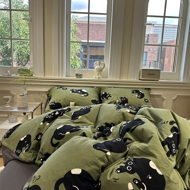卡通可爱军绿色全棉针织黑猫小煤球四件F套1.5m1.8米超柔软三件套