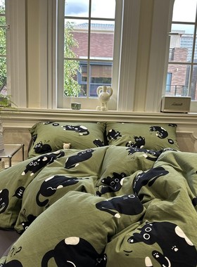 卡通可爱军绿色全棉针织黑猫小煤球四件F套1.5m1.8米超柔软三件套