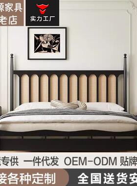 法式复古黑色藤编床主卧1.8m双人床北欧温莎床中古风实木床民宿床