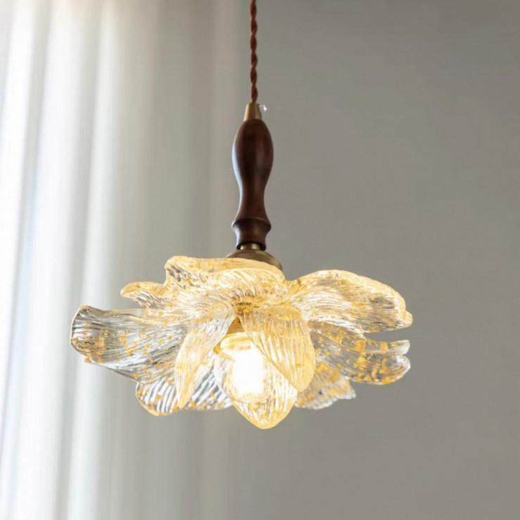 中古花瓣餐厅吊灯胡桃木简约吧台三头长餐桌灯法式复古莲韵过道灯