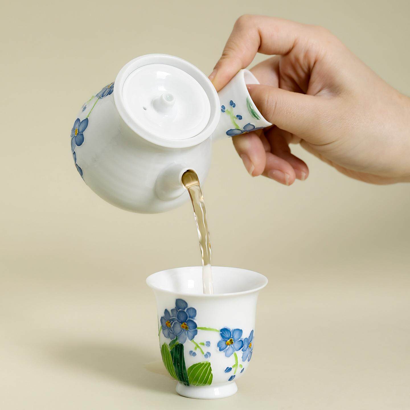 白瓷手绘勿忘草侧把茶壶单壶家用陶瓷泡茶器个人专用一壶一杯单壶