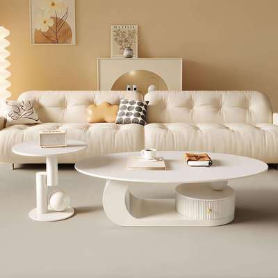 椭圆形岩板茶几客厅家用奶油风轻奢新款茶几小户型茶几边几组合