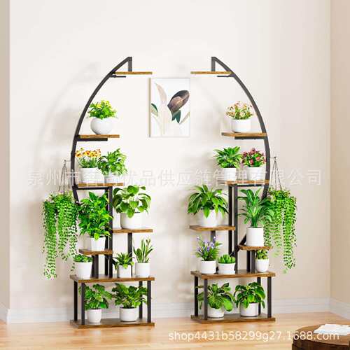 半月形花架七层花架室内铁木结合花架落地式阳台花架带植物生长灯