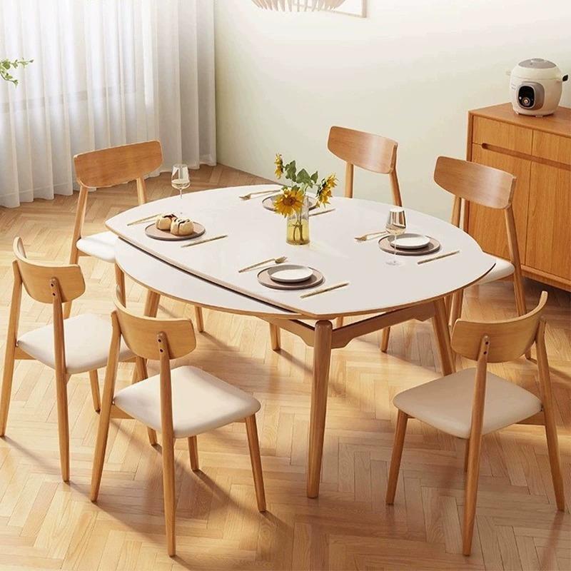北欧实木岩板餐桌椅组合原木奶油风家用小户型餐厅可伸缩餐桌饭桌