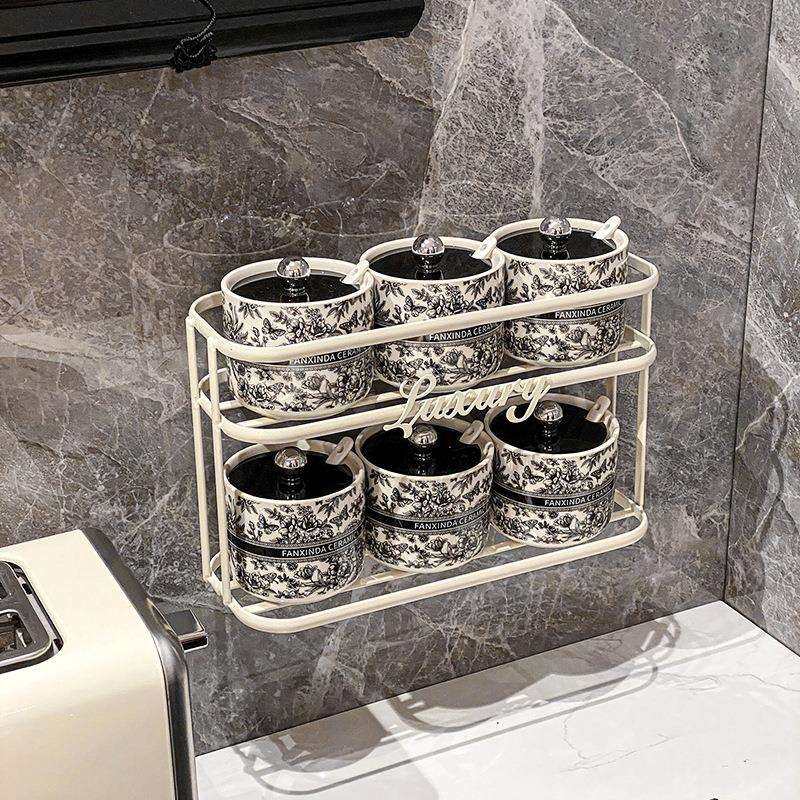 欧式中古风厨房调料盒家用陶瓷盐罐佐料罐高颜值挂壁调味罐套装