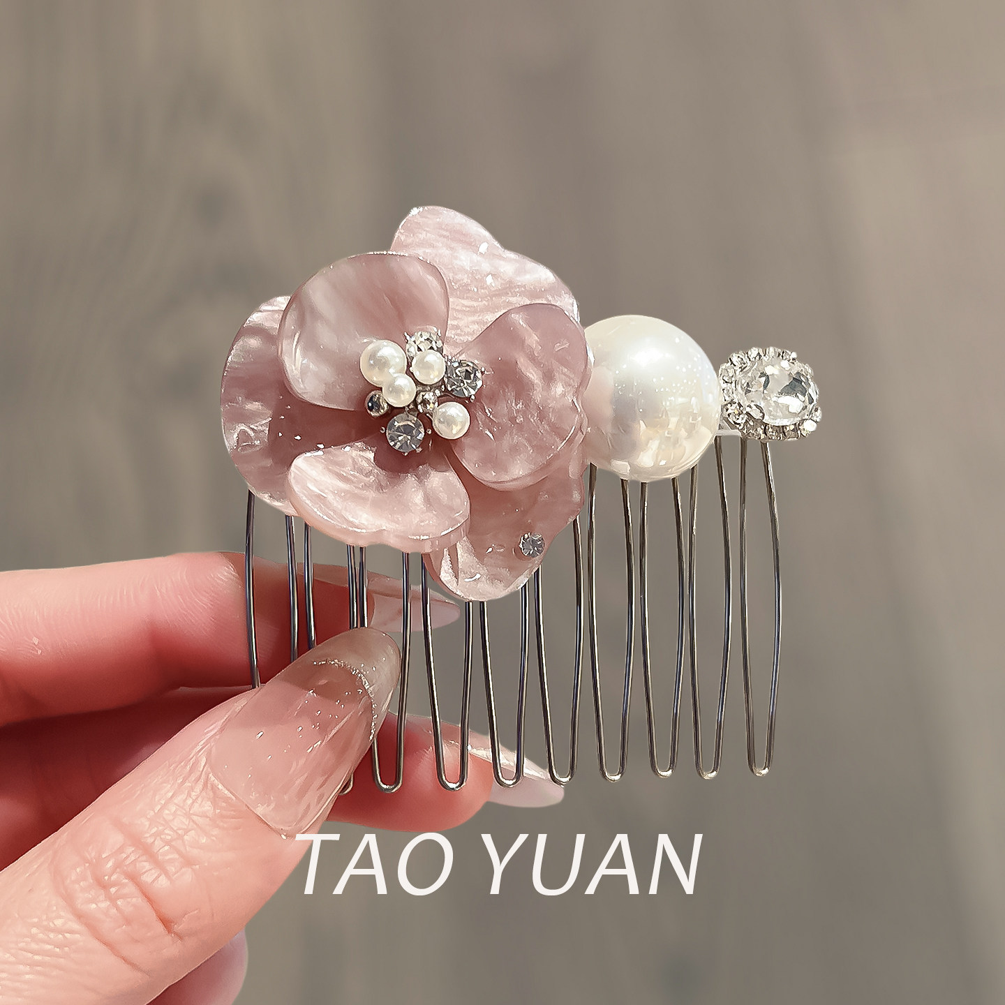 甜美粉色花朵发梳倒插梳发饰女洋气质头饰碎发整理神器后脑勺发卡