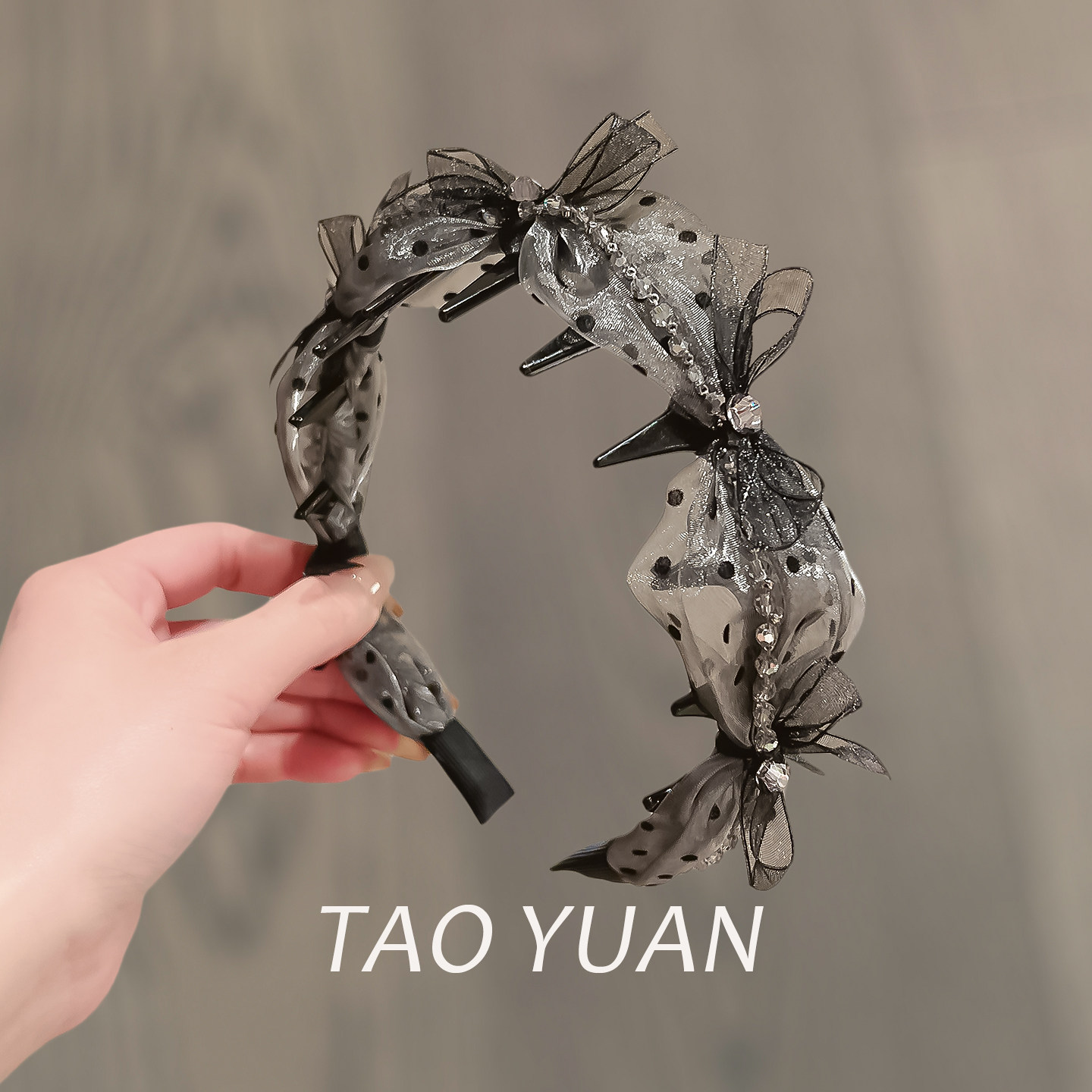 韩版缎面雪纺网纱波点蝴蝶结增高颅顶带齿滑头箍外戴简约新款发箍