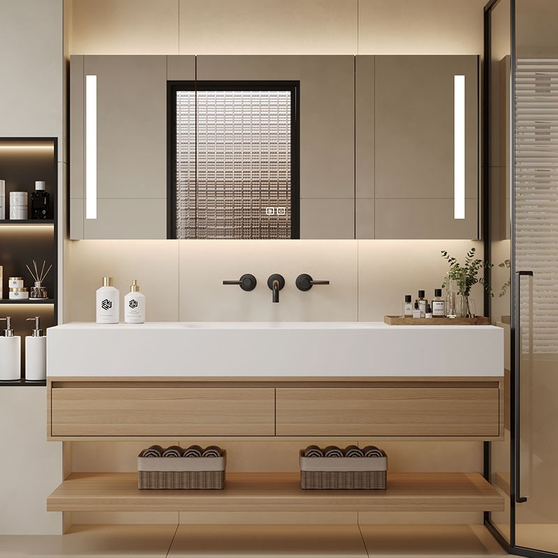 原木风可丽耐岩板热弯q无缝一体盆橡木浴室柜组合洗脸洗漱台盆定