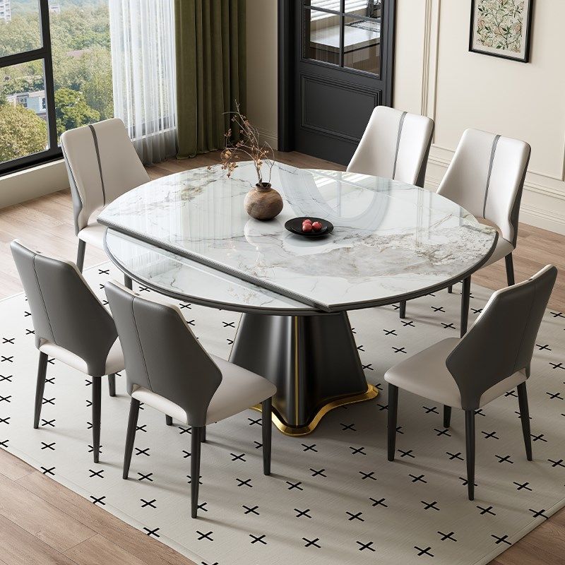 意式轻奢岩板餐桌家用小户型现代简约可K伸缩折叠方圆两用高端餐