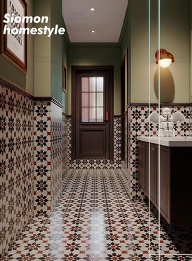摩洛哥复古小花砖红黑色墙地x砖阳台卫生间厨房餐厅民宿玄关瓷砖